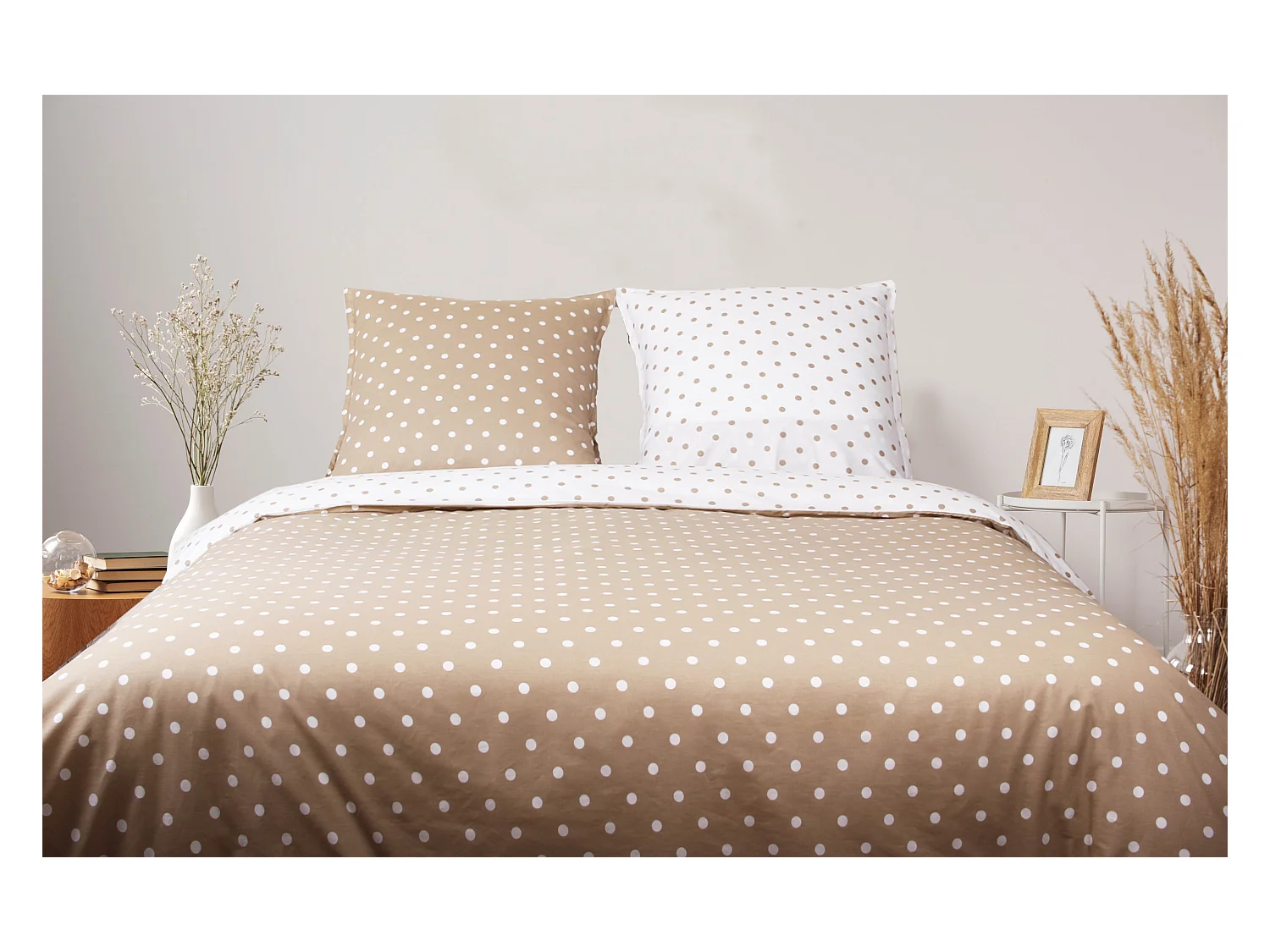 Housse de couette + taie(s) oreiller "Pois cappuccino" 100% coton imprimé.