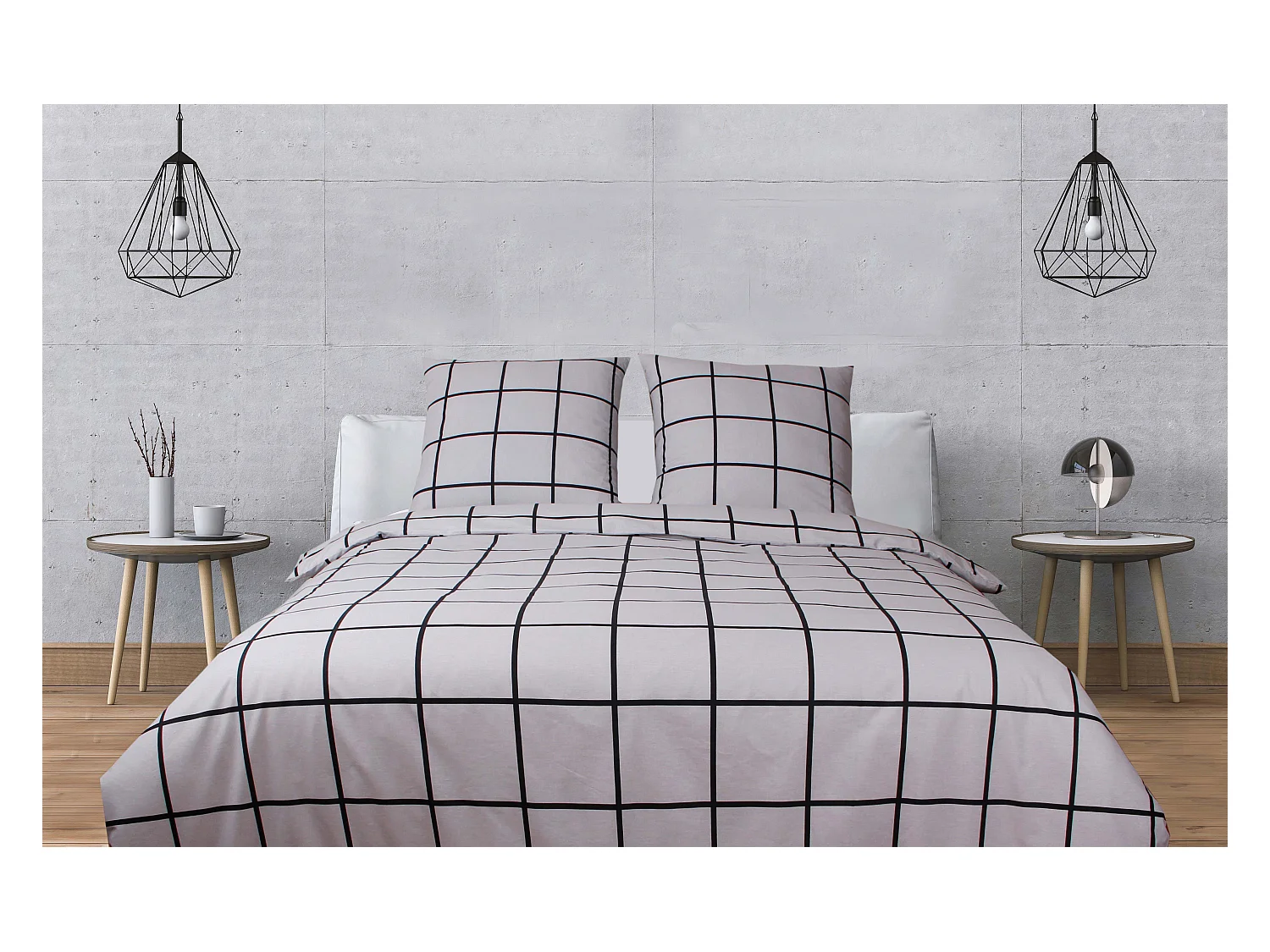 Housse de couette + taie(s) oreiller "Carreaux gris" 100% coton imprimé.