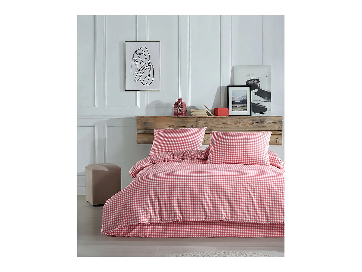 Housse de couette + taie(s) oreiller "Vichy rose" 100% coton imprimé.