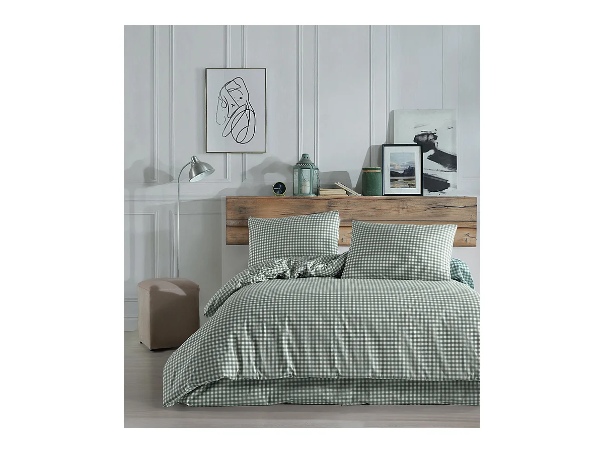 Housse de couette + taie(s) oreiller "Vichy vert" 100% coton imprimé.