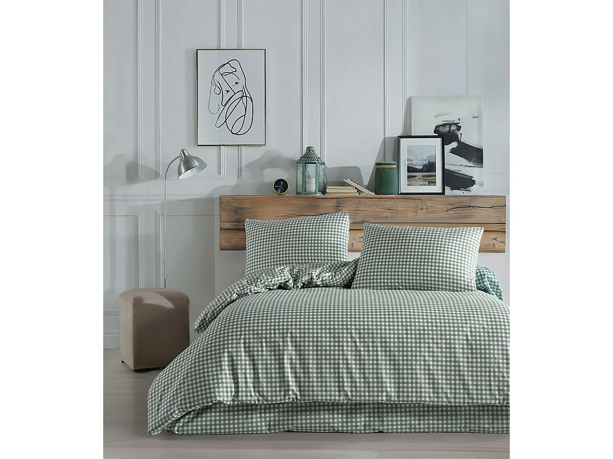 Housse de couette + taie(s) oreiller "Vichy vert" 100% coton imprimé.