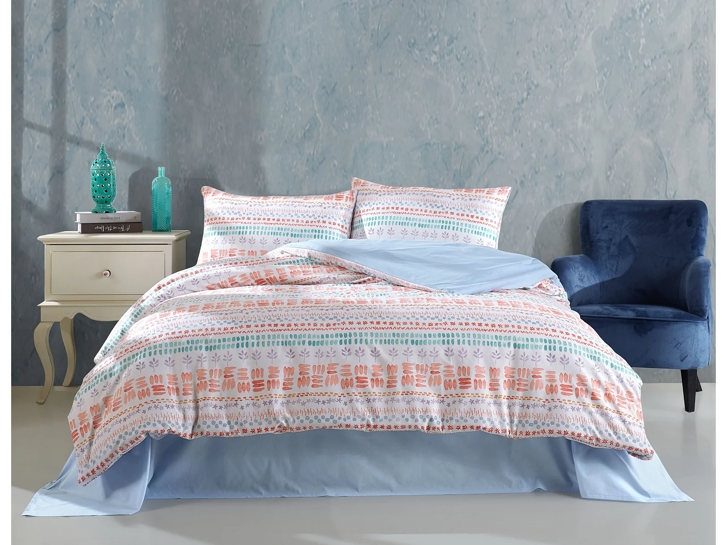 Housse de couette + taie(s) oreiller "Elisa" 100% coton imprimé.