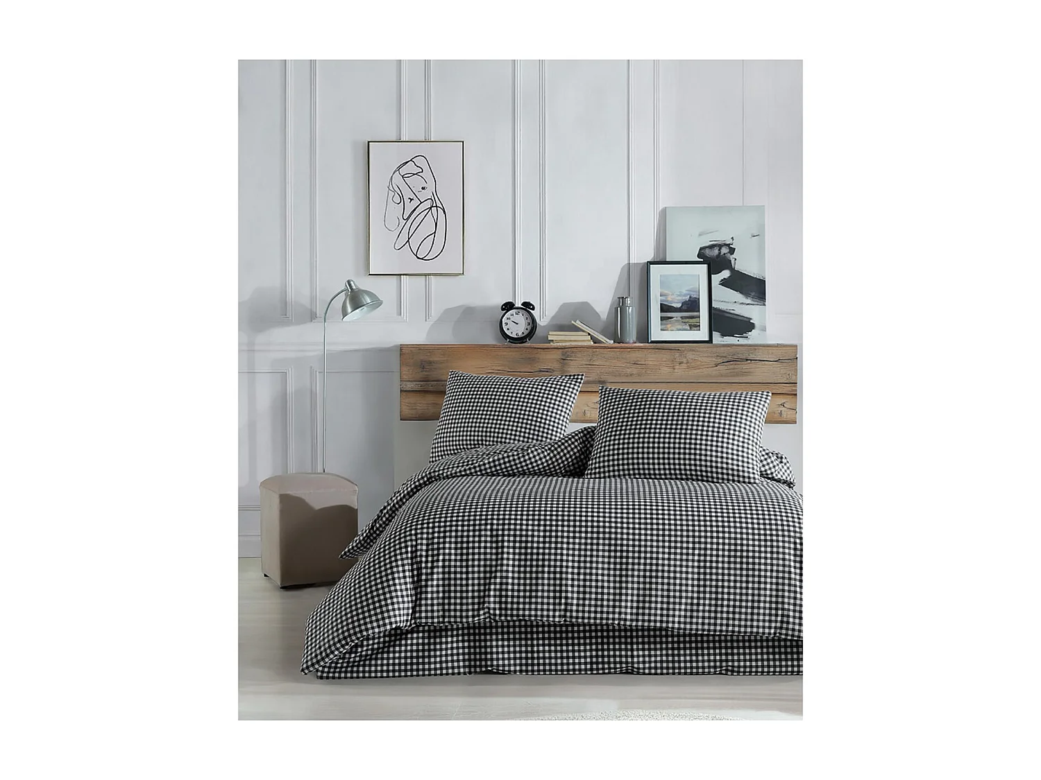 Housse de couette + taie(s) oreiller "Vichy noir" 100% coton imprimé.