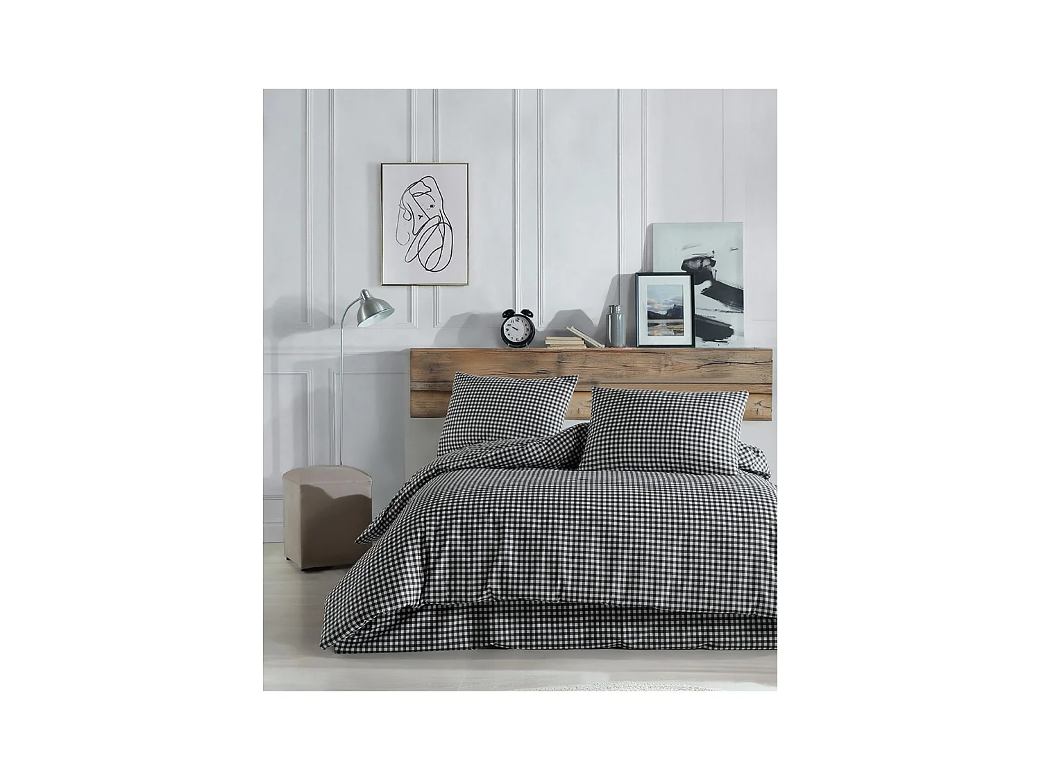 Housse de couette + taie(s) oreiller "Vichy noir" 100% coton imprimé.