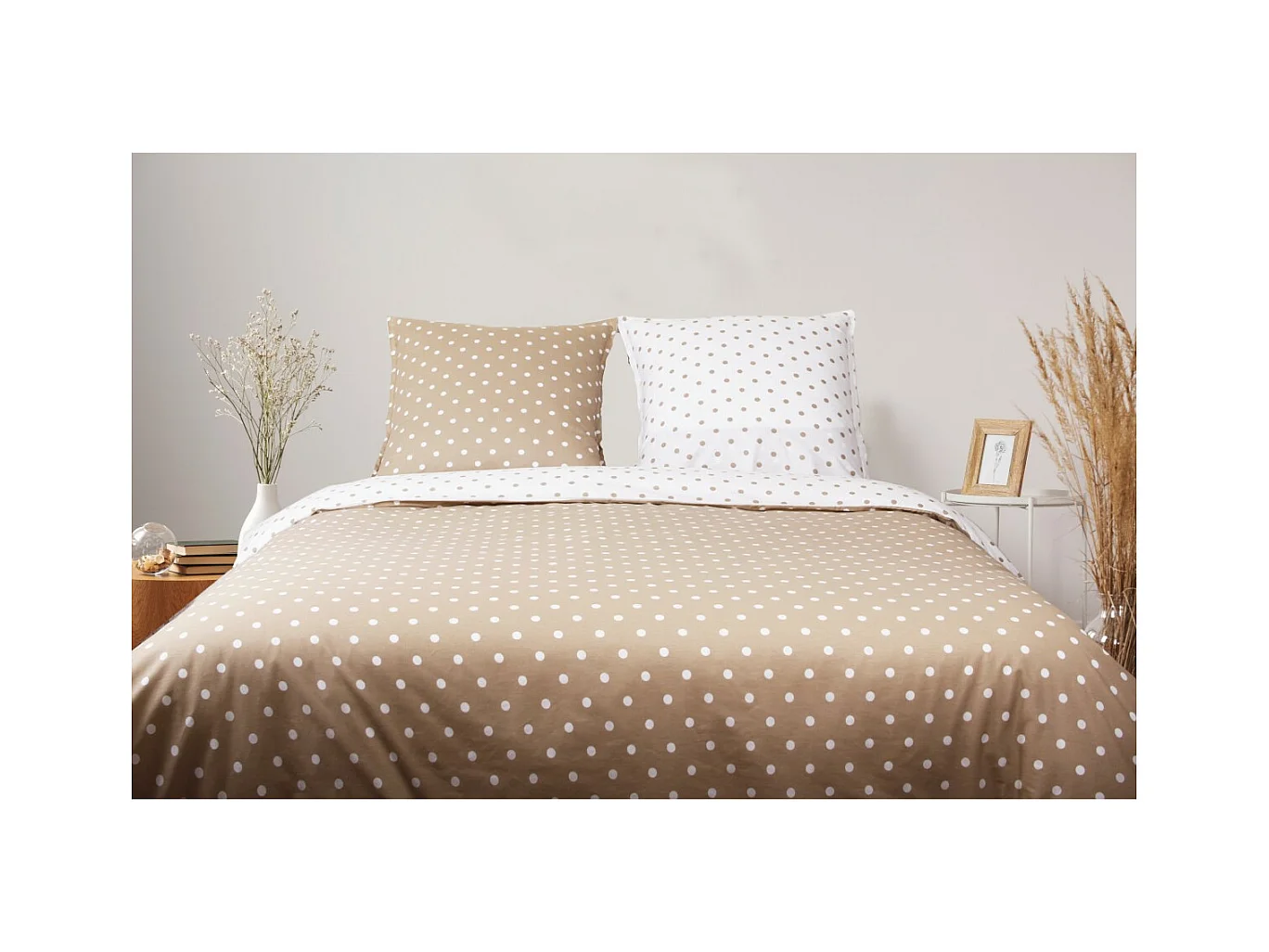 Housse de couette + taie(s) oreiller "Pois cappuccino" 100% coton imprimé.