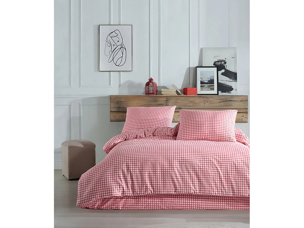 Housse de couette + taie(s) oreiller "Vichy rose" 100% coton imprimé.