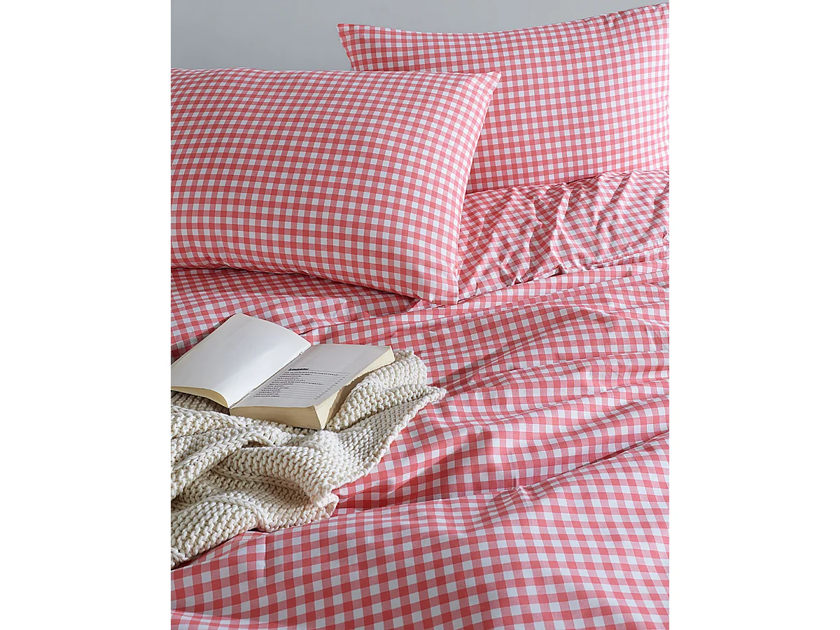 Housse de couette + taie(s) oreiller "Vichy rose" 100% coton imprimé.