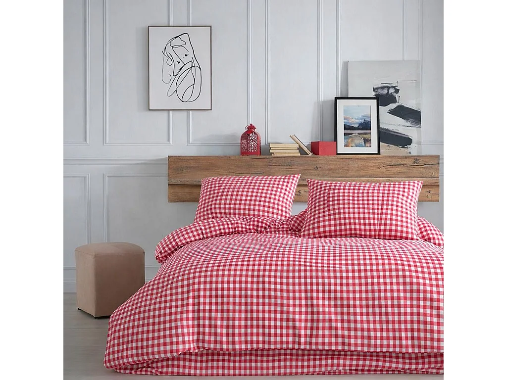 Housse de couette + taie(s) oreiller "Vichy rose" 100% coton imprimé.