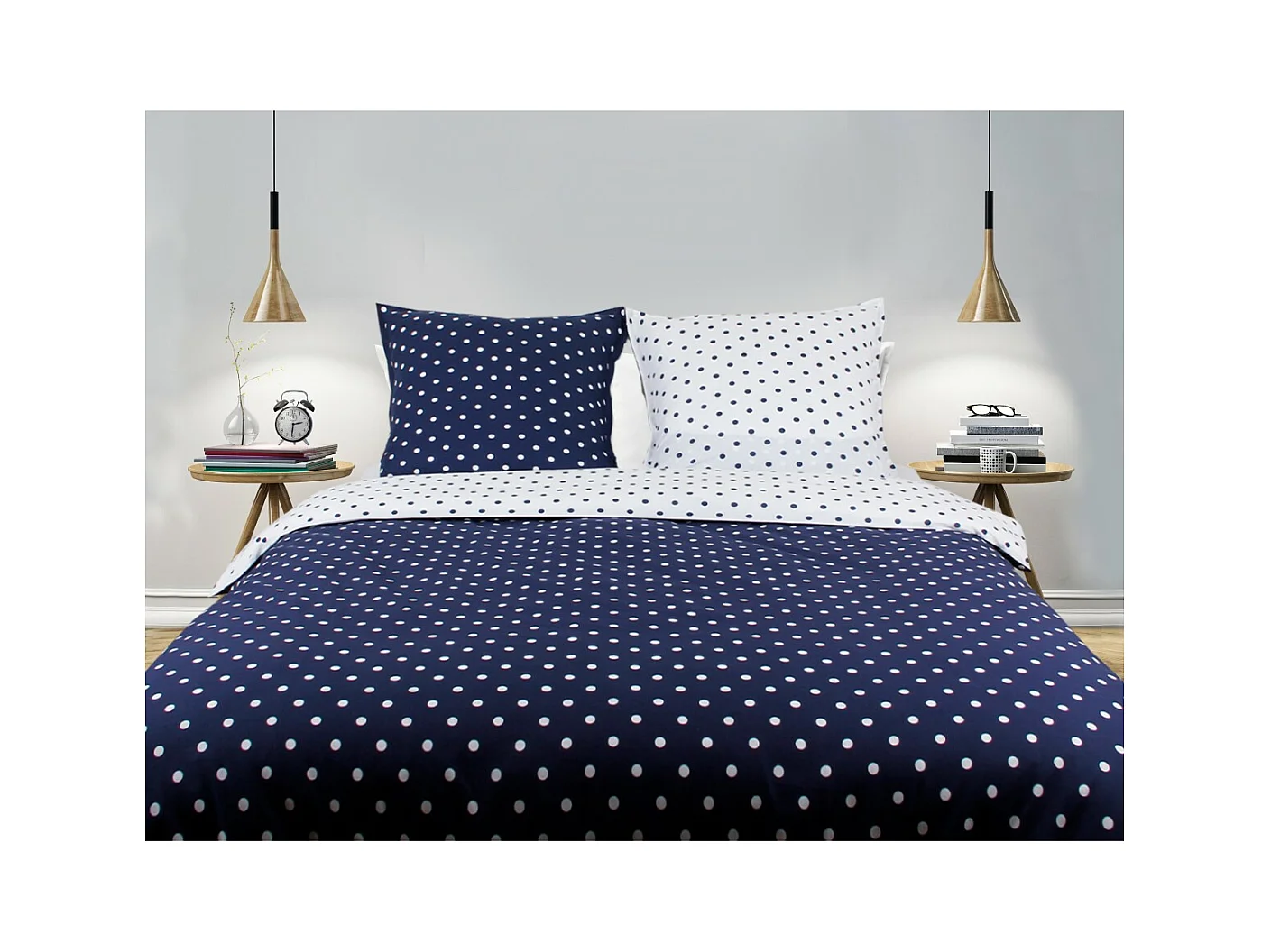 Housse de couette + taie(s) oreiller "Pois marine" 100% coton imprimé.