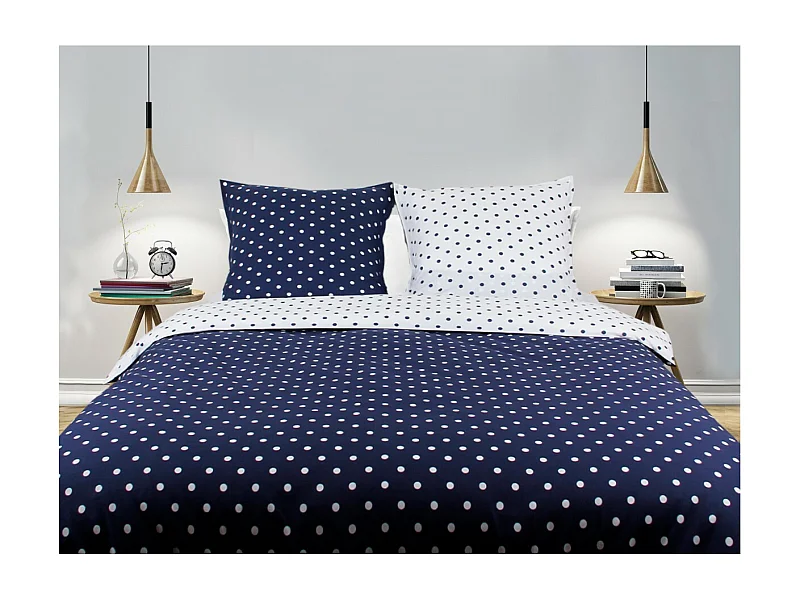 Juego de funda de edredón +funda de almohada 100% algodón "Pois Marine"