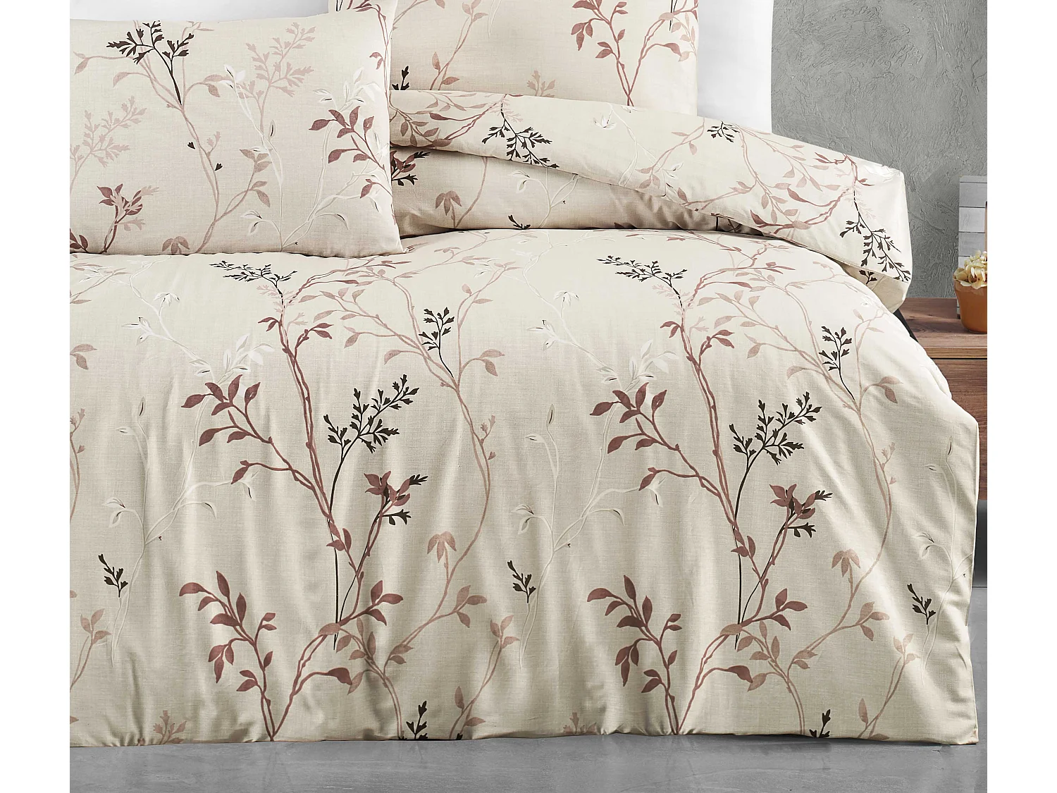 Housse de couette + taie(s) oreiller "Fiona beige" 100% coton imprimé.