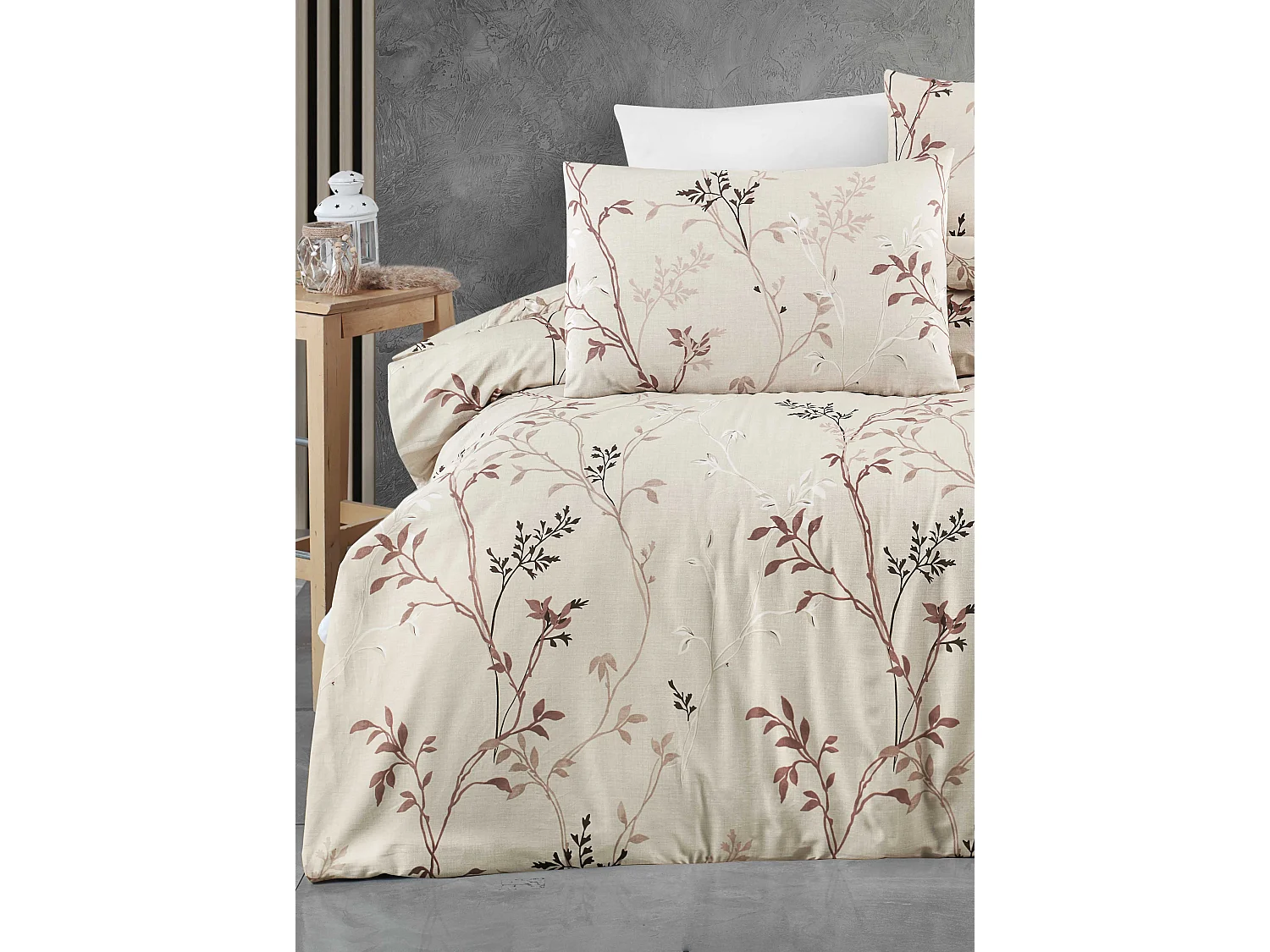 Housse de couette + taie(s) oreiller "Fiona beige" 100% coton imprimé.