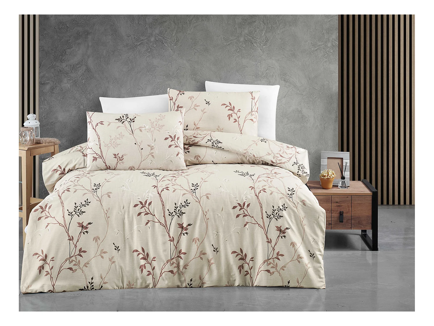Housse de couette + taie(s) oreiller "Fiona beige" 100% coton imprimé.