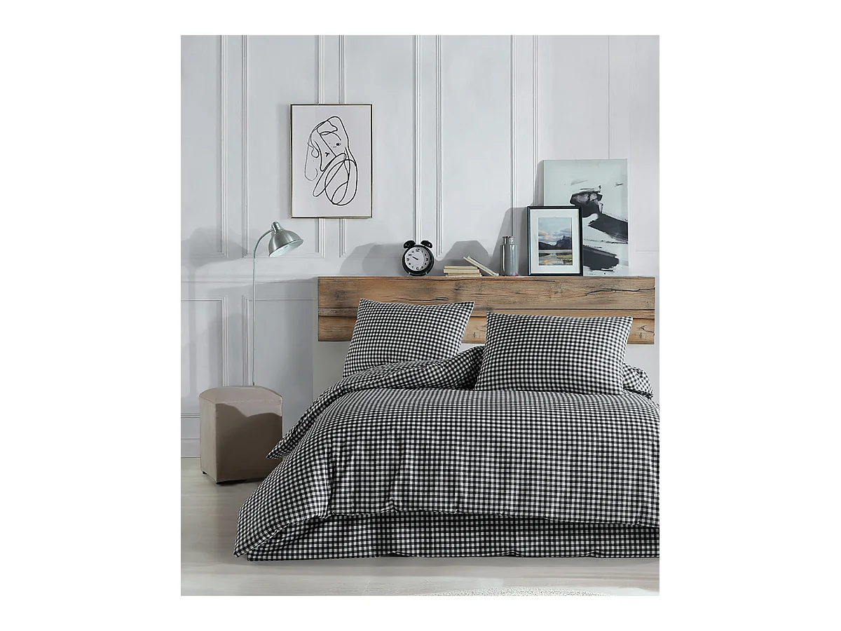 Housse de couette + taie(s) oreiller "Vichy noir" 100% coton imprimé.