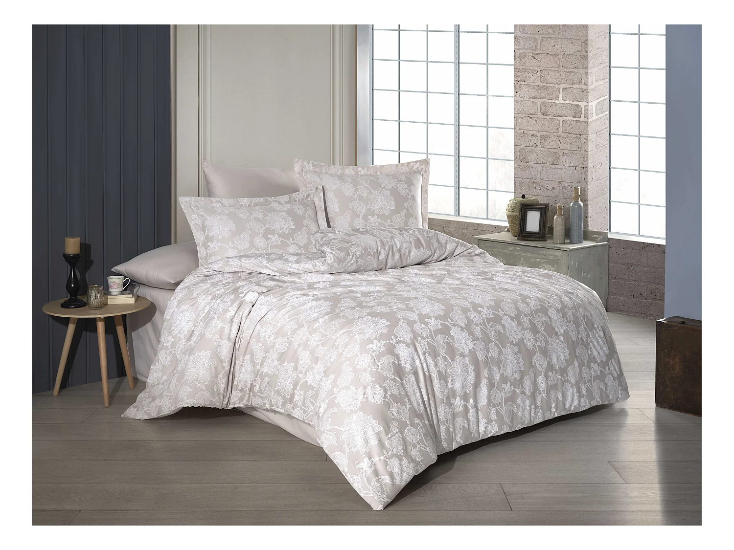 Housse de couette + taie(s) oreiller satin de coton "Sofia beige"