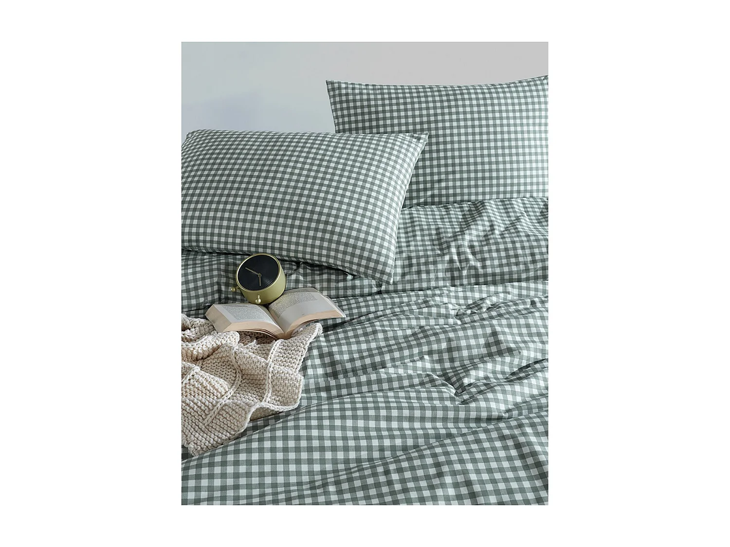 Housse de couette + taie(s) oreiller "Vichy vert" 100% coton imprimé.