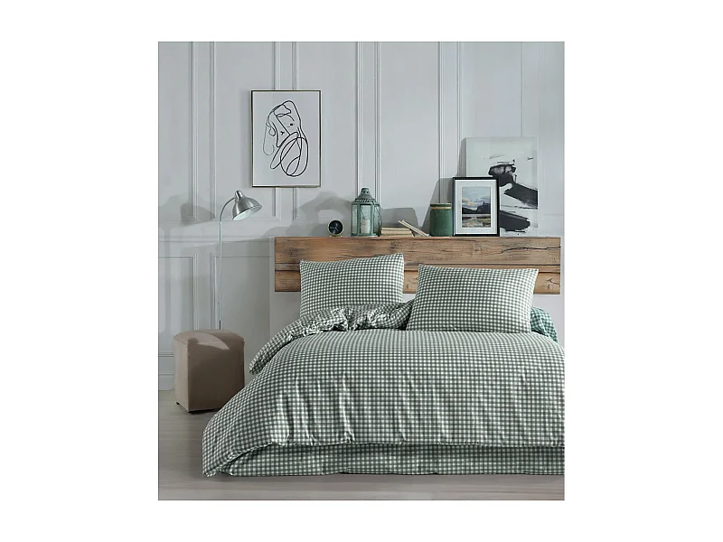 Housse de couette + taie(s) oreiller "Vichy vert" 100% coton imprimé.