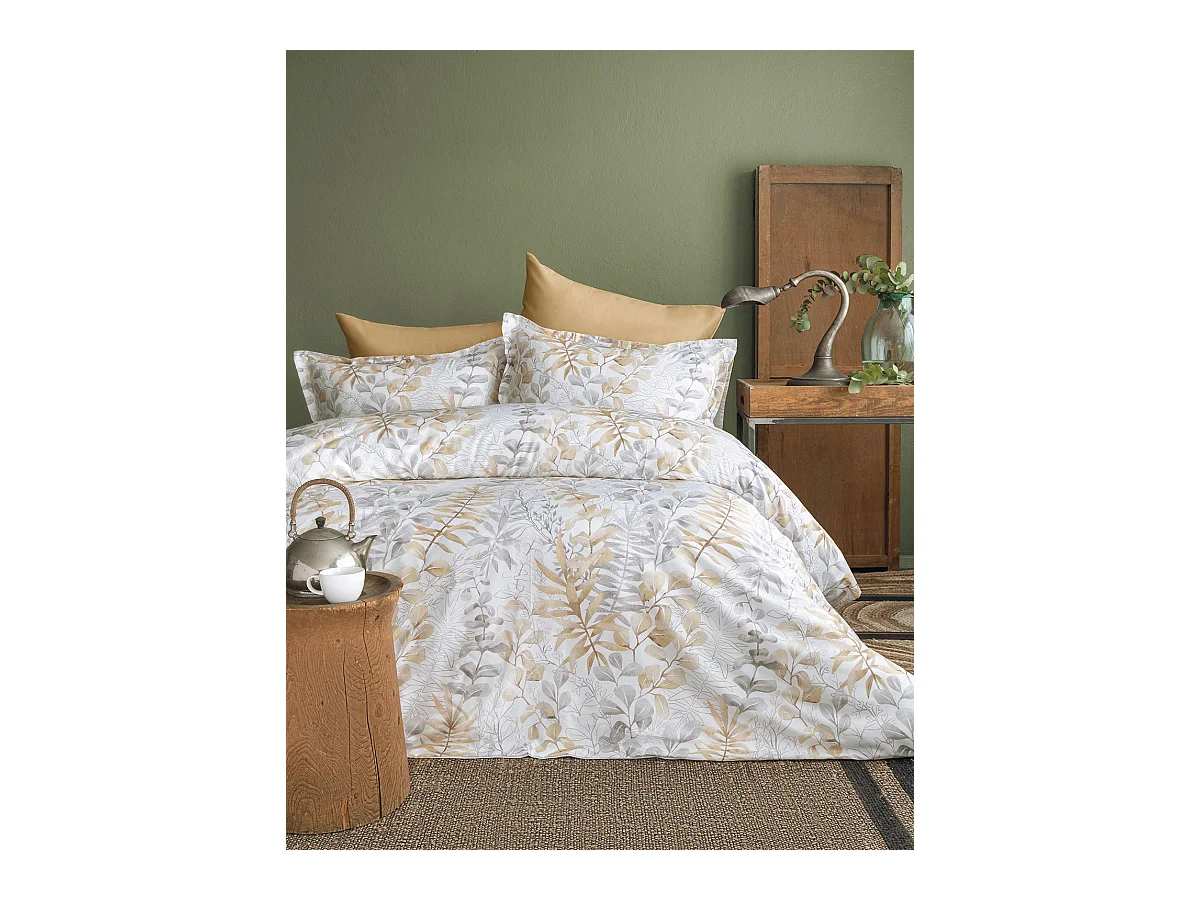 Housse de couette + taie(s) oreiller satin de coton "Occale beige"
