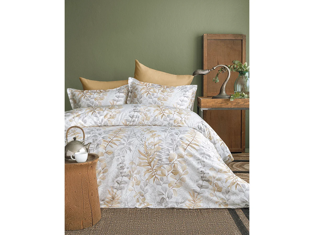 Housse de couette + taie(s) oreiller satin de coton "Occale beige"