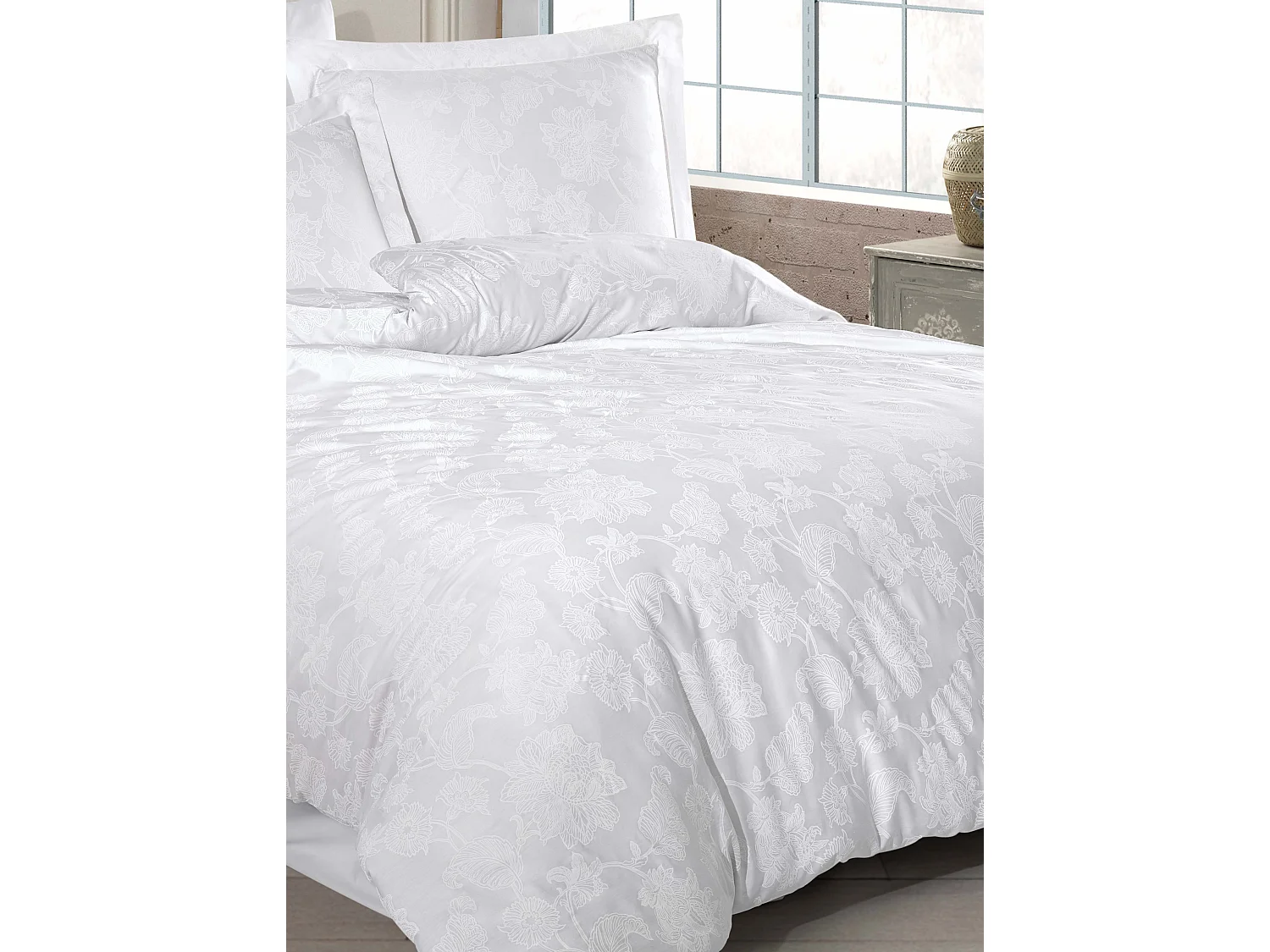 Housse de couette + taie(s) oreiller satin de coton "Sofia blanc"