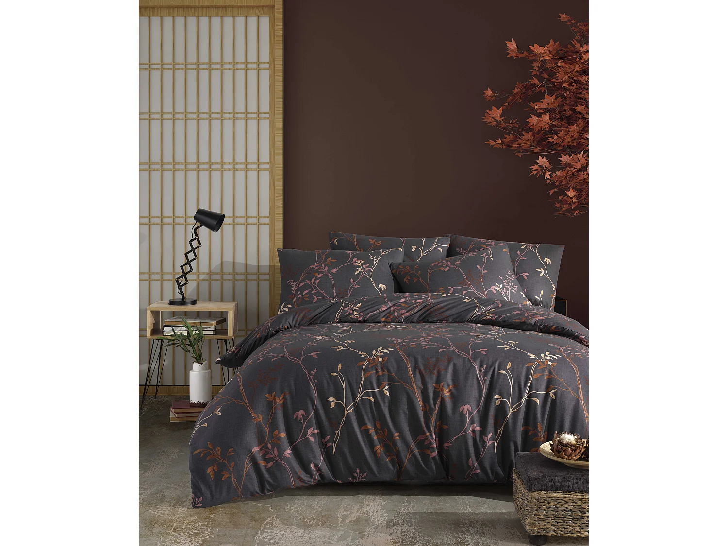 Housse de couette + taie(s) oreiller "Fiona marron" 100% coton imprimé.