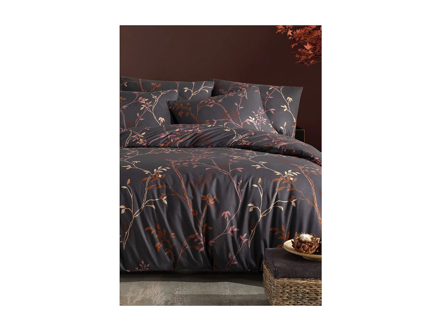 Housse de couette + taie(s) oreiller "Fiona marron" 100% coton imprimé.