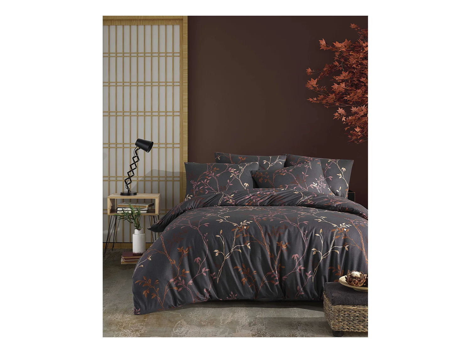 Housse de couette + taie(s) oreiller "Fiona marron" 100% coton imprimé.
