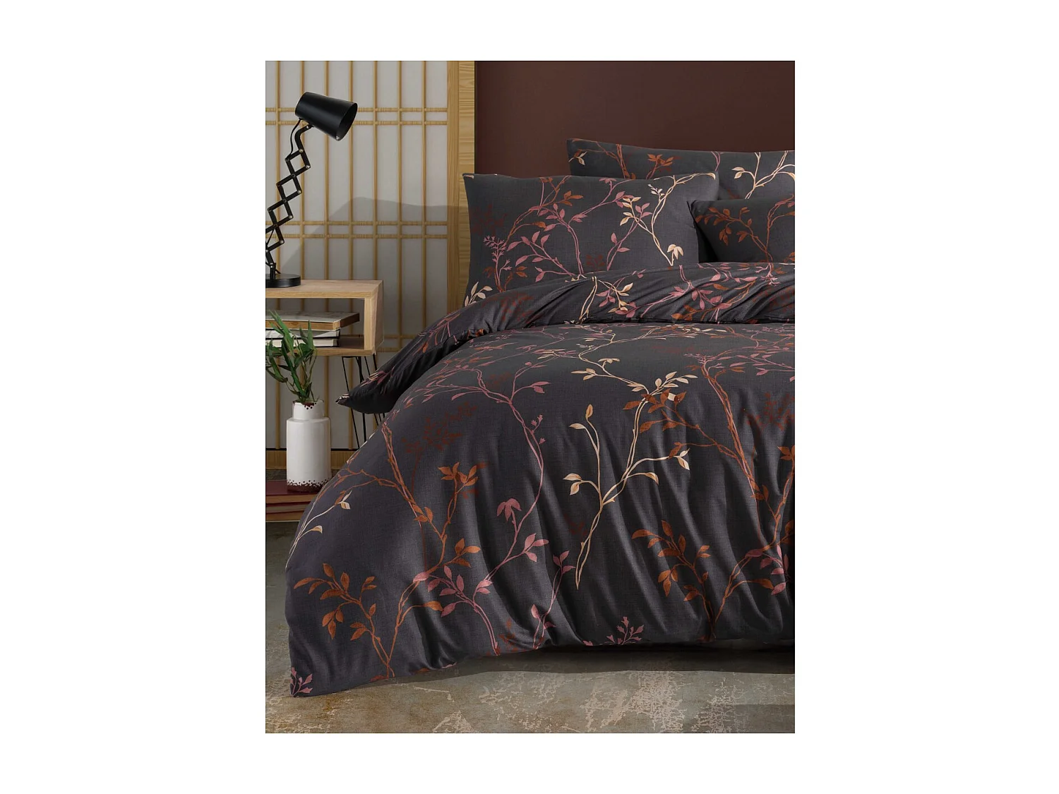 Housse de couette + taie(s) oreiller "Fiona marron" 100% coton imprimé.