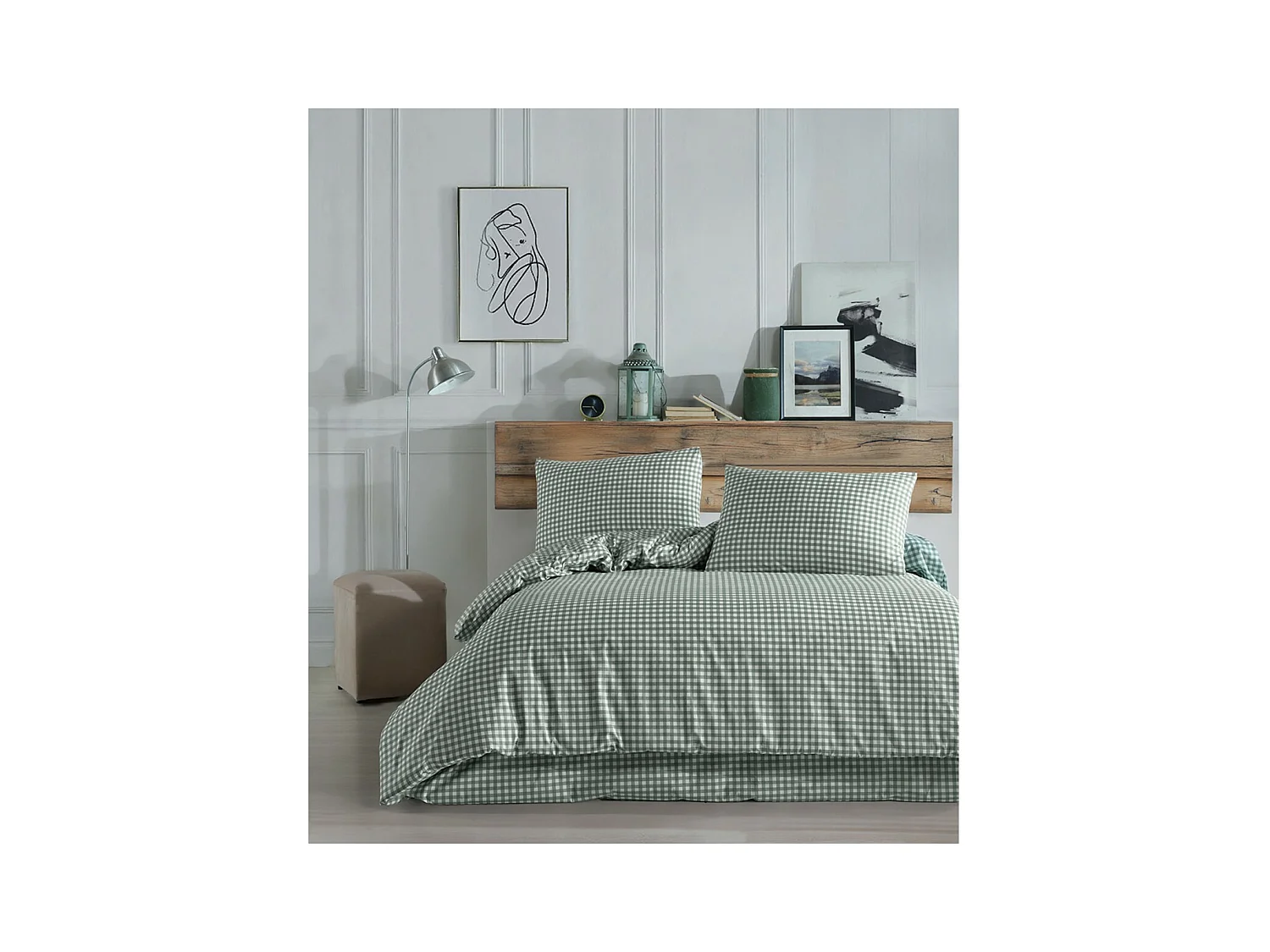 Housse de couette + taie(s) oreiller "Vichy vert" 100% coton imprimé.