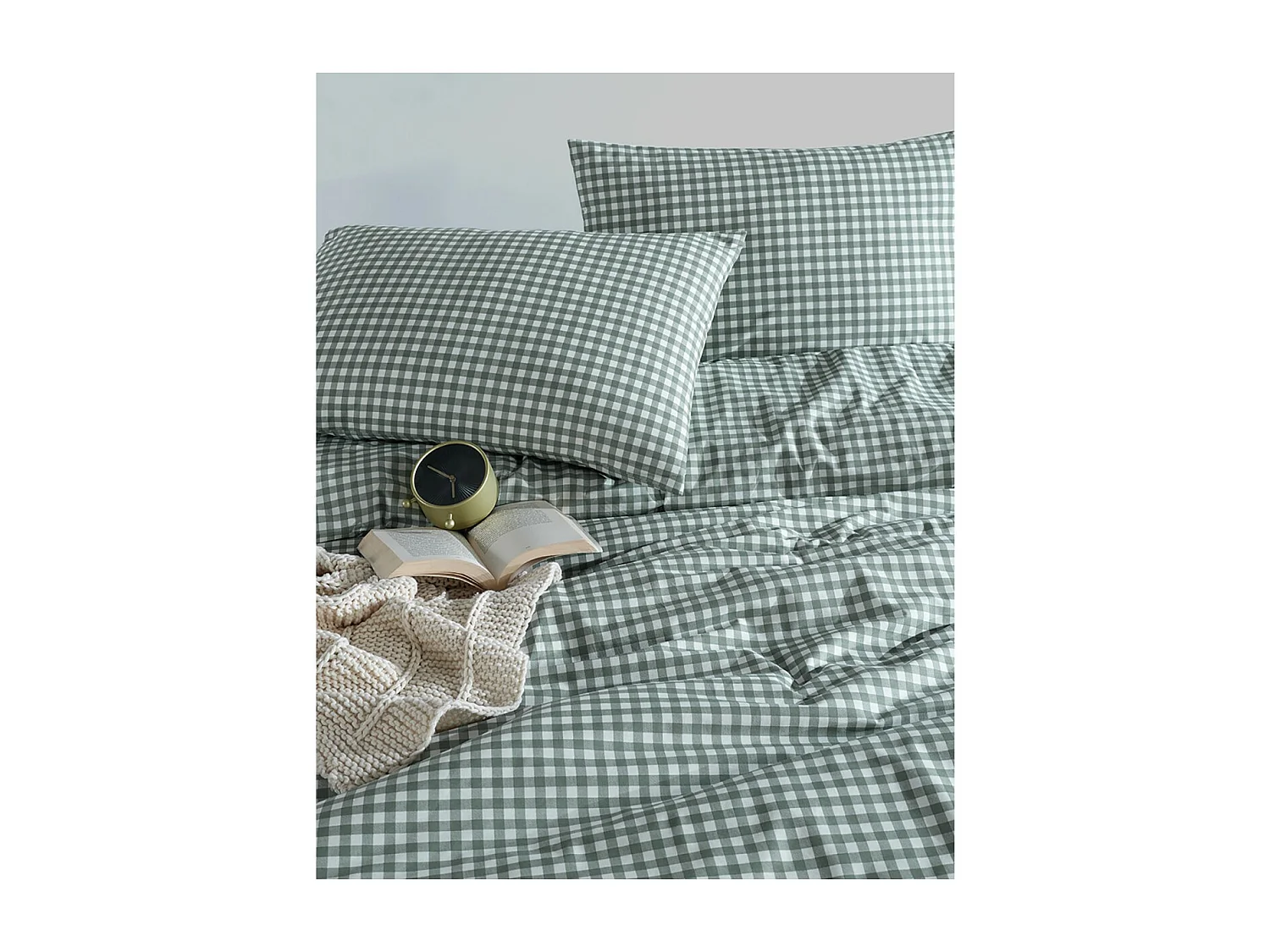 Housse de couette + taie(s) oreiller "Vichy vert" 100% coton imprimé.