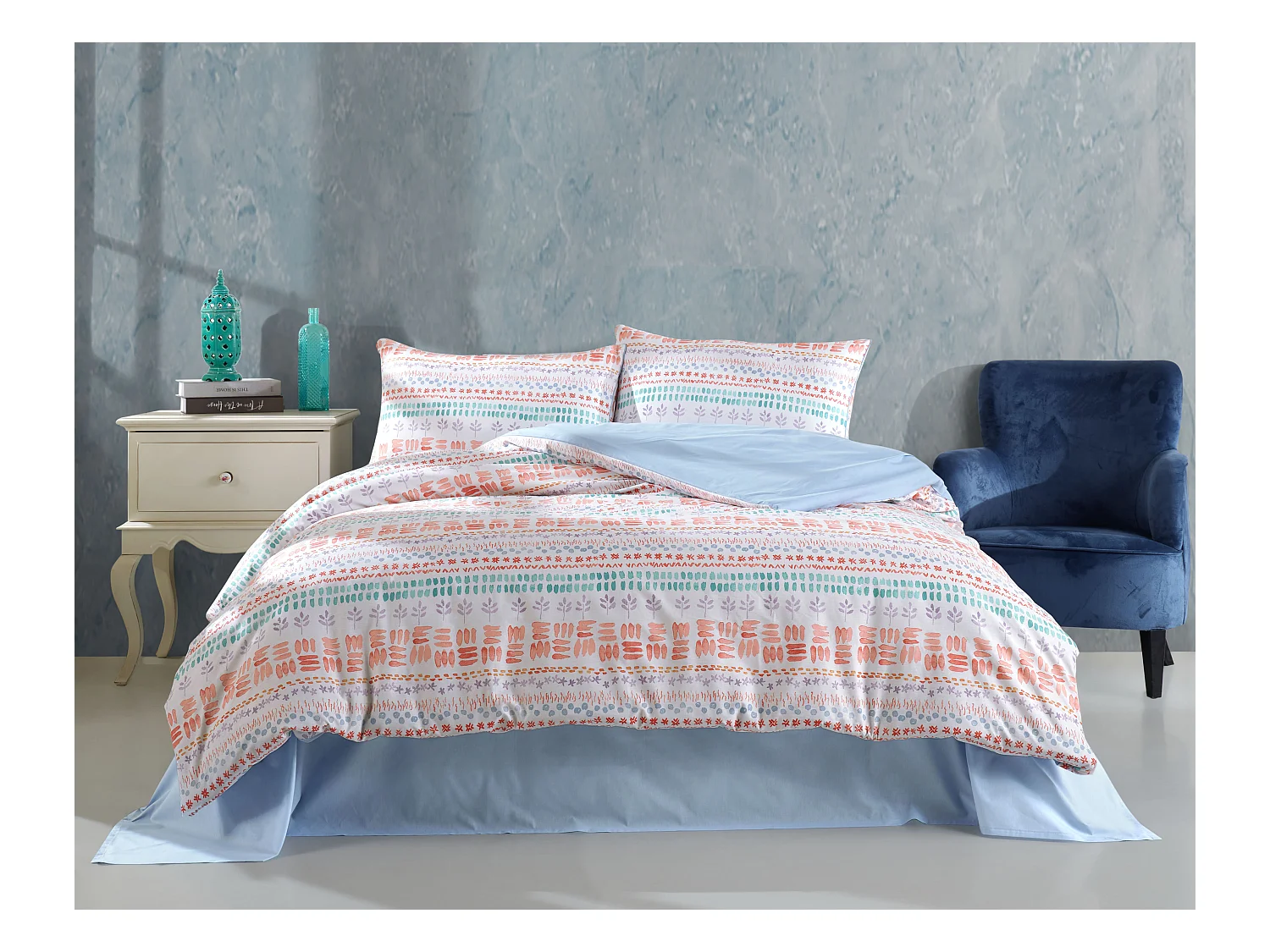 Housse de couette + taie(s) oreiller "Elisa" 100% coton imprimé.