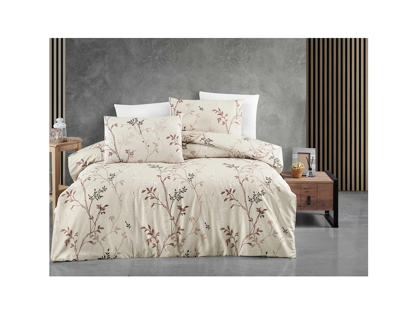 Housse de couette + taie(s) oreiller "Fiona beige" 100% coton imprimé.
