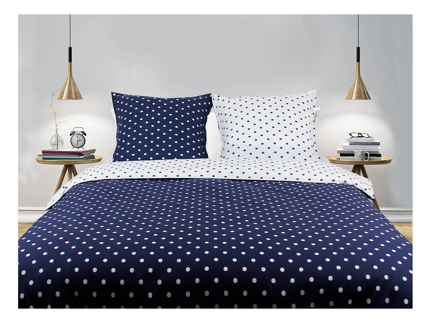 Housse de couette + taie(s) oreiller "Pois marine" 100% coton imprimé.
