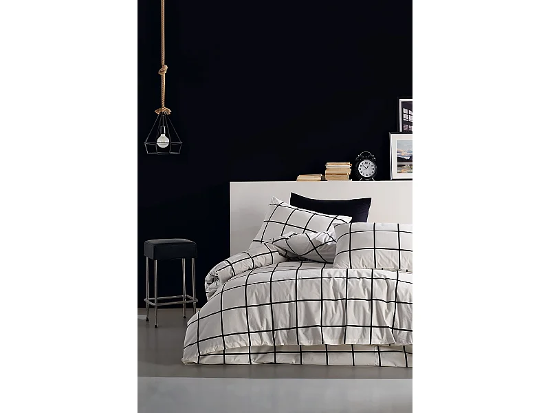 Housse de couette + taie(s) oreiller "Carreaux noir" 100% coton imprimé.