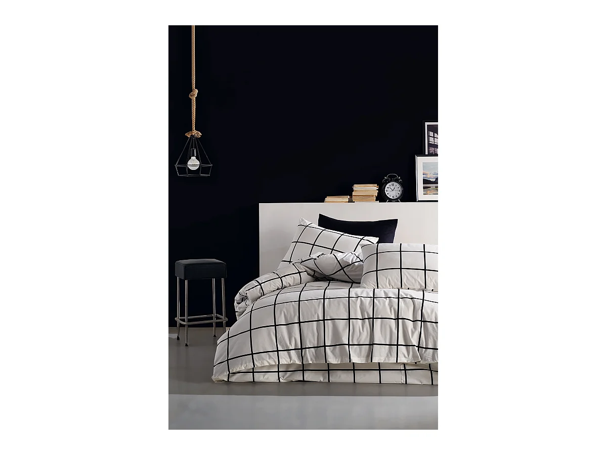 Housse de couette + taie(s) oreiller "Carreaux noir" 100% coton imprimé.