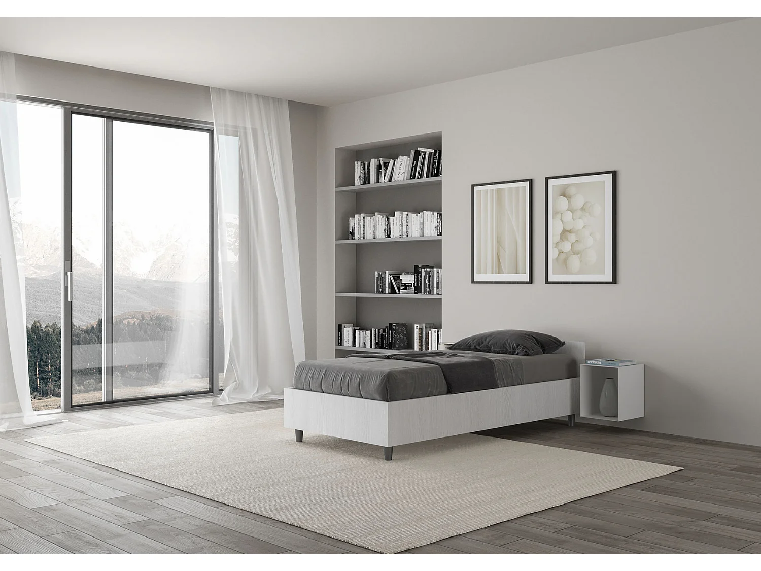 Cadre de lit en bois Borra-Couleur Blanc-80x200-Version avec sommier