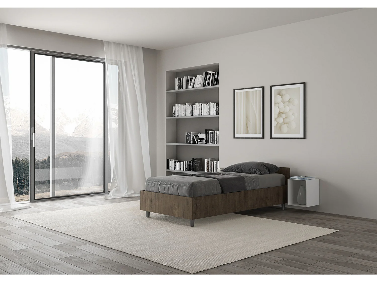 Cadre de lit en bois Borra-Couleur Marron Foncé-80x200-Version avec sommier