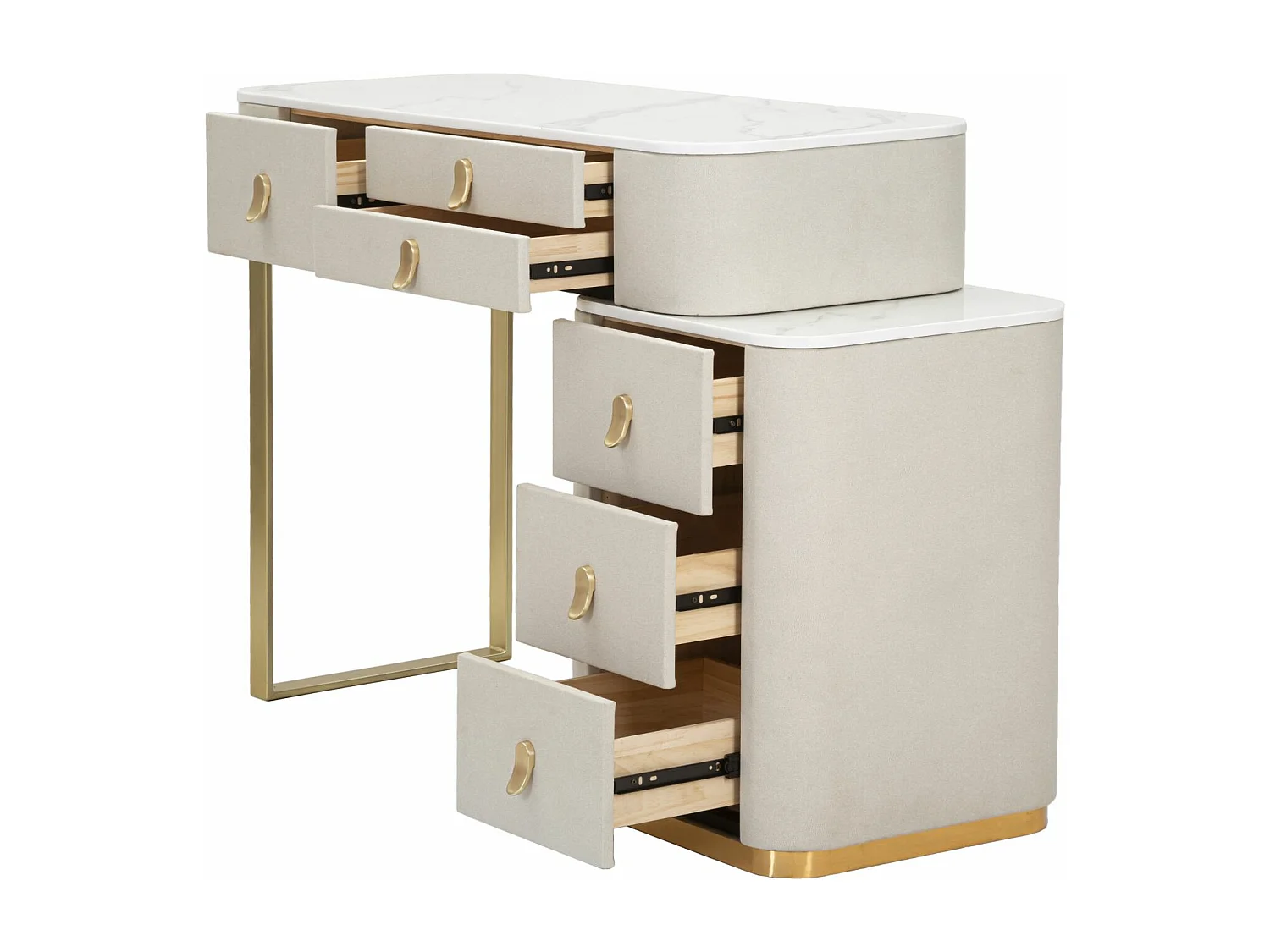 Meuble de chambre en bois et tissu beige avec 6 tiroirs 120x40x75 cm