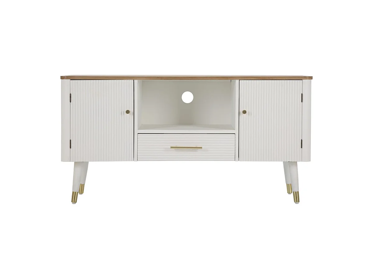 Matera TV-bord, 117 x 40 x 60 cm, lavet af ask og fyrretræ, hvid og brun, med låger, skuffe og gulddetaljer – Boho-chic design