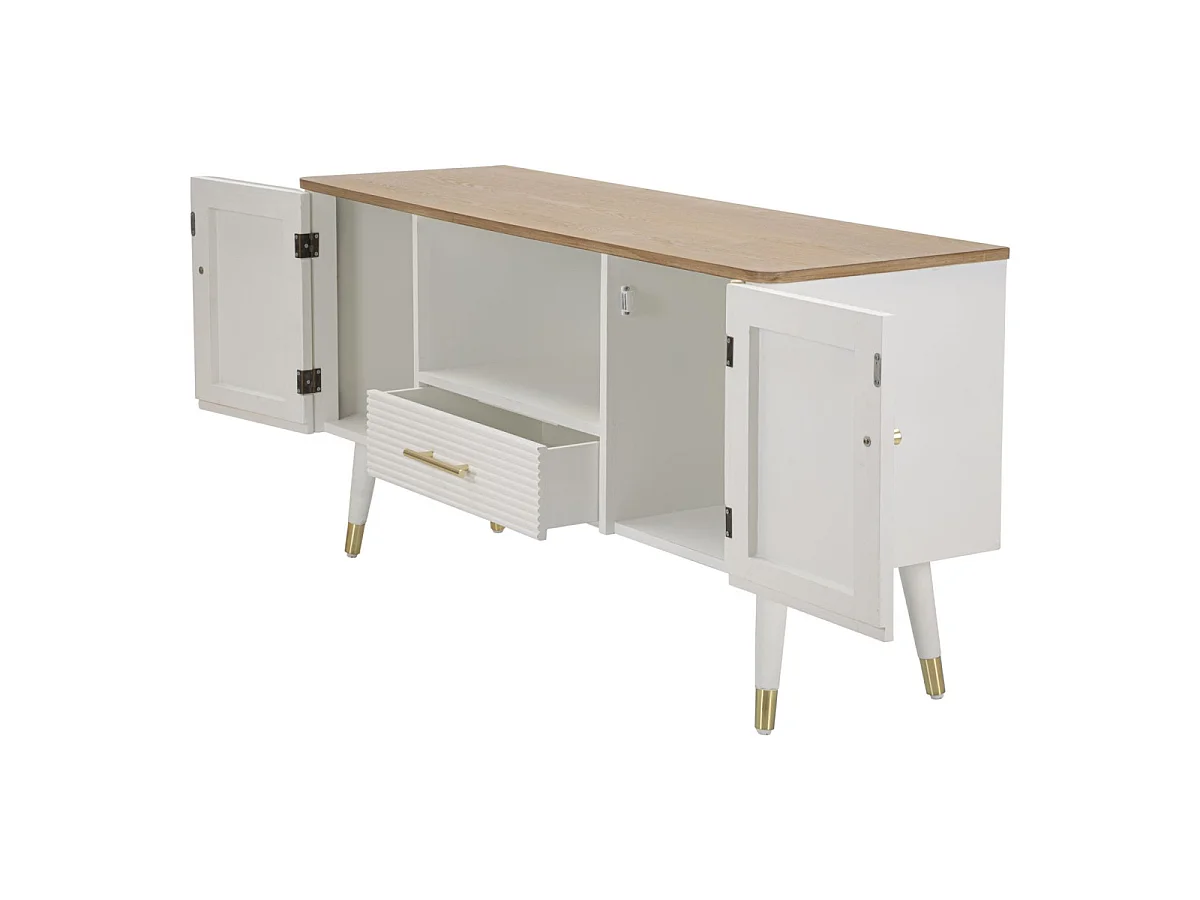 Matera TV-bord, 117 x 40 x 60 cm, lavet af ask og fyrretræ, hvid og brun, med låger, skuffe og gulddetaljer – Boho-chic design