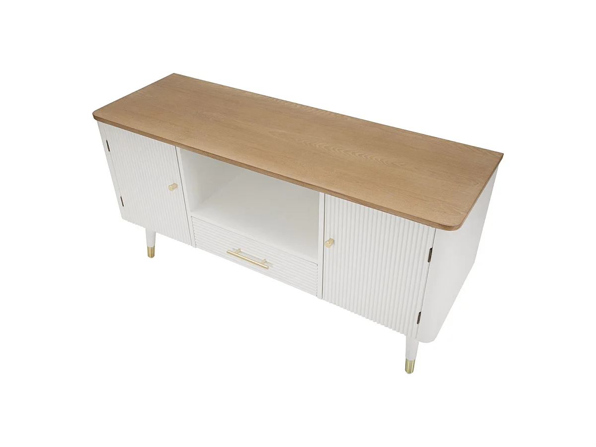 Matera TV-bord, 117 x 40 x 60 cm, lavet af ask og fyrretræ, hvid og brun, med låger, skuffe og gulddetaljer – Boho-chic design