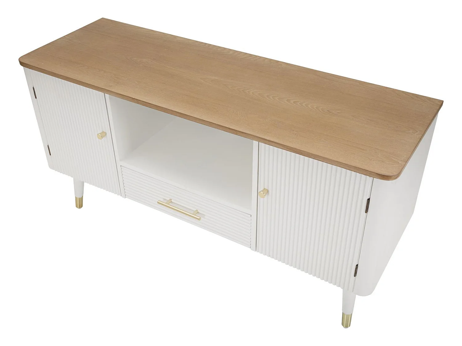 Matera TV-bord, 117 x 40 x 60 cm, lavet af ask og fyrretræ, hvid og brun, med låger, skuffe og gulddetaljer – Boho-chic design