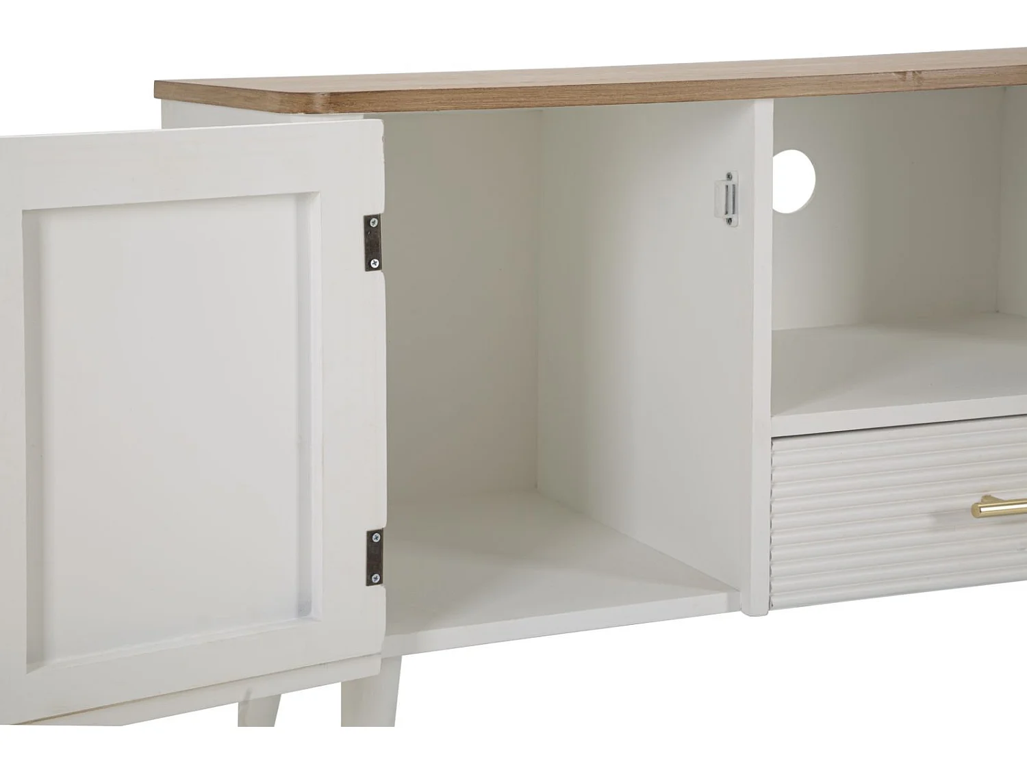 Matera TV-bord, 117 x 40 x 60 cm, lavet af ask og fyrretræ, hvid og brun, med låger, skuffe og gulddetaljer – Boho-chic design
