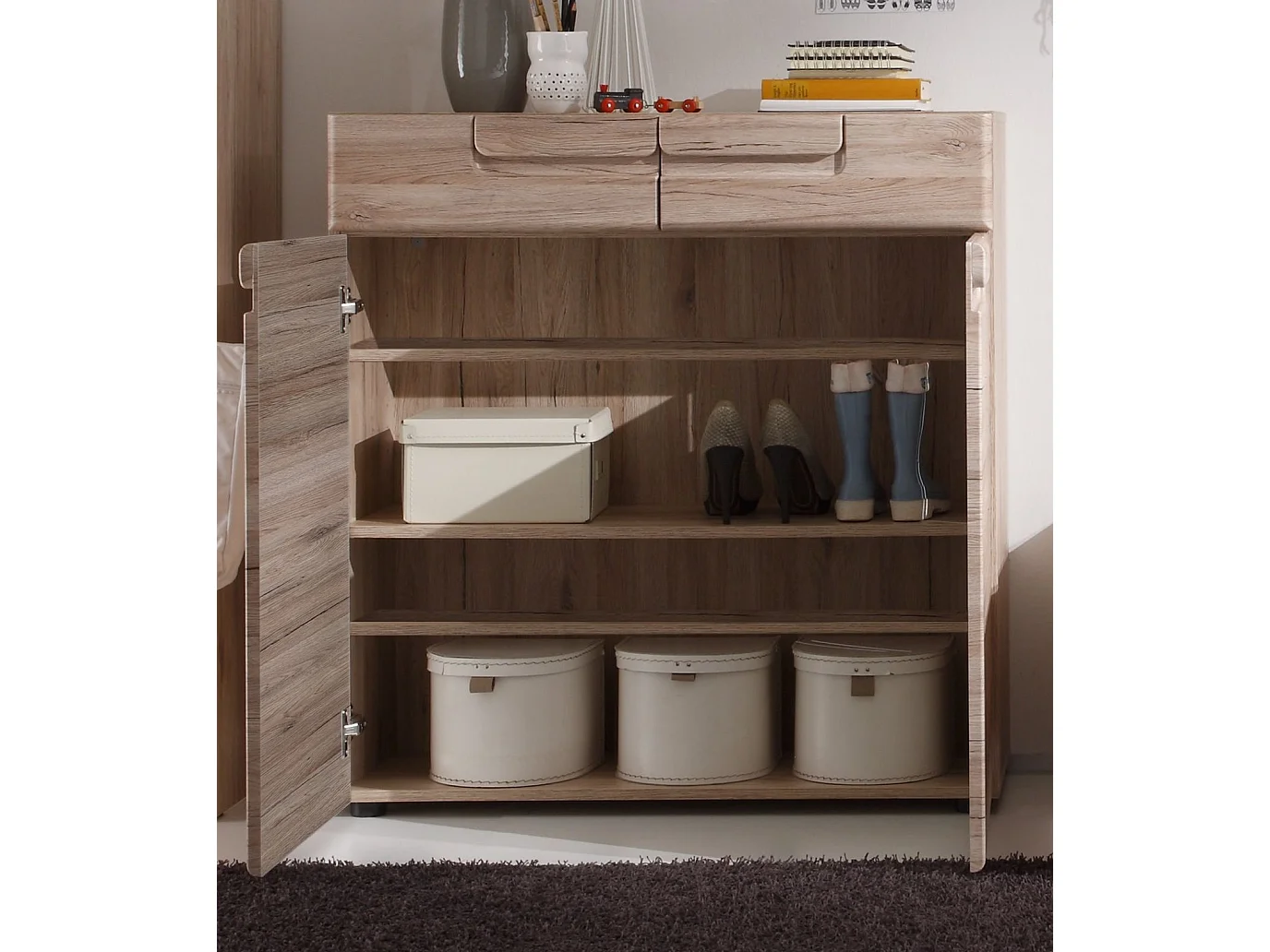 Margit Armoire à chaussures, 2 portes et 2 tiroirs, imitation chêne clair.