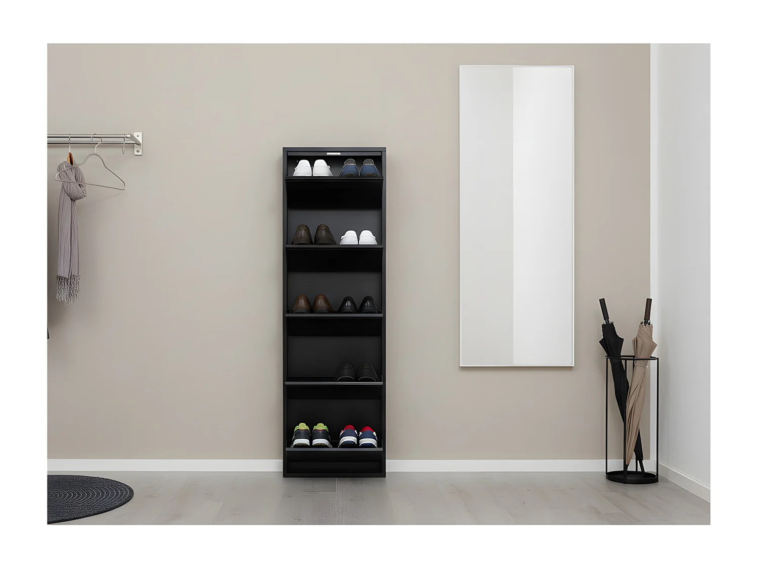 Pisa Schuhschrank mit 5 Klappen/ Türen in Metall schwarz. Fertig montiert.