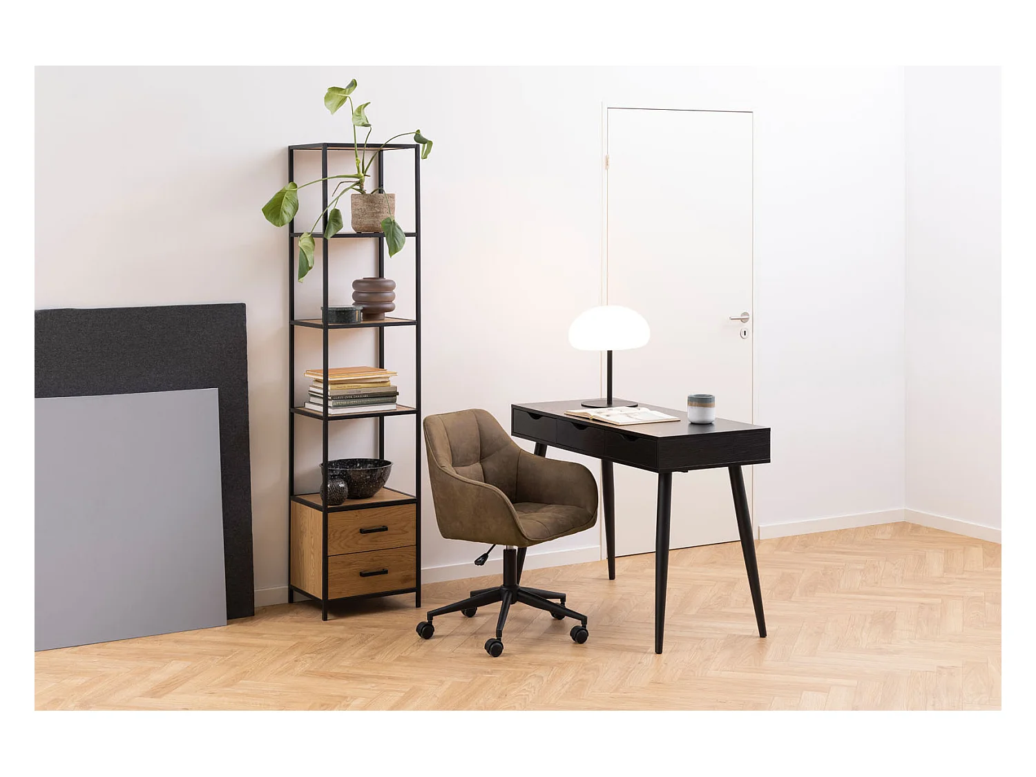 Sea Étagère 3 tablettes de rangement, 2 tiroirs, naturel, noir.