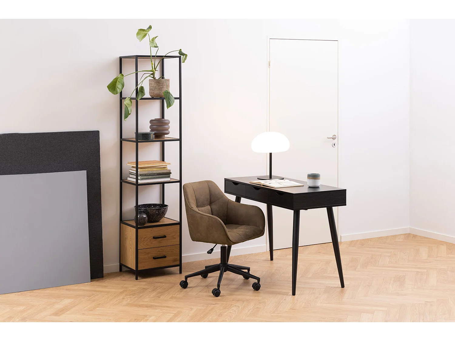 Sea wandkast 3 planken, 2 laden naturel, zwart.