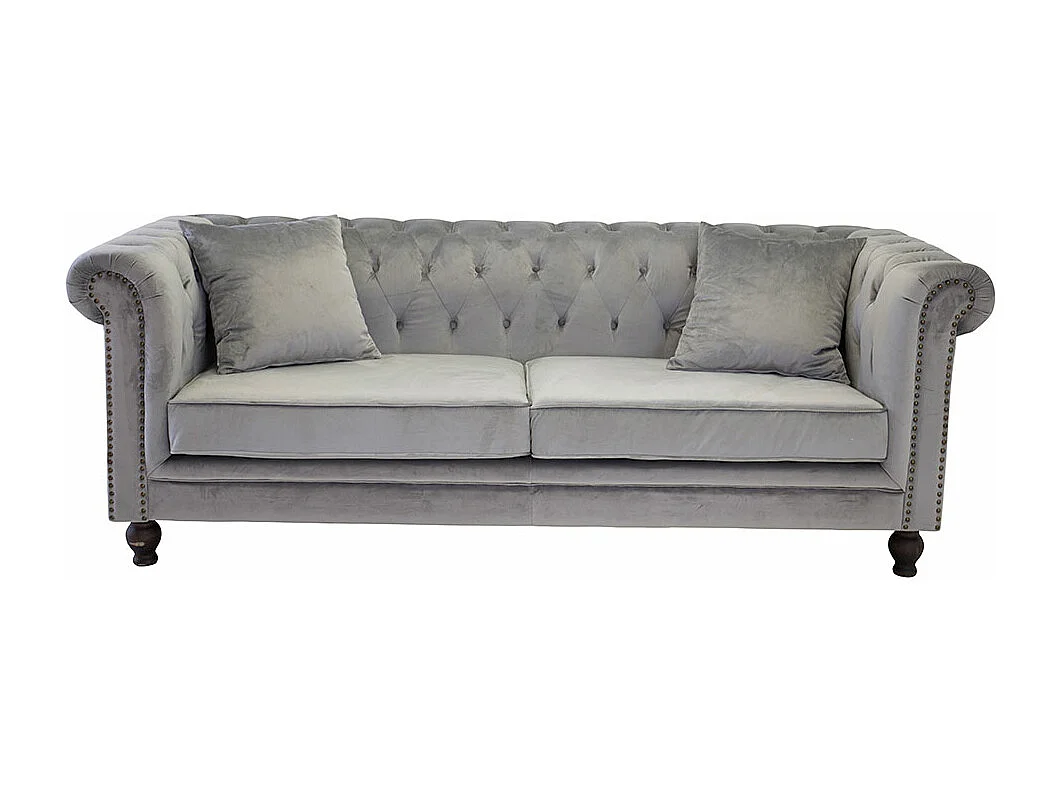Canapé 3 Places en Velours "Chesterfield" 217cm Gris Clair