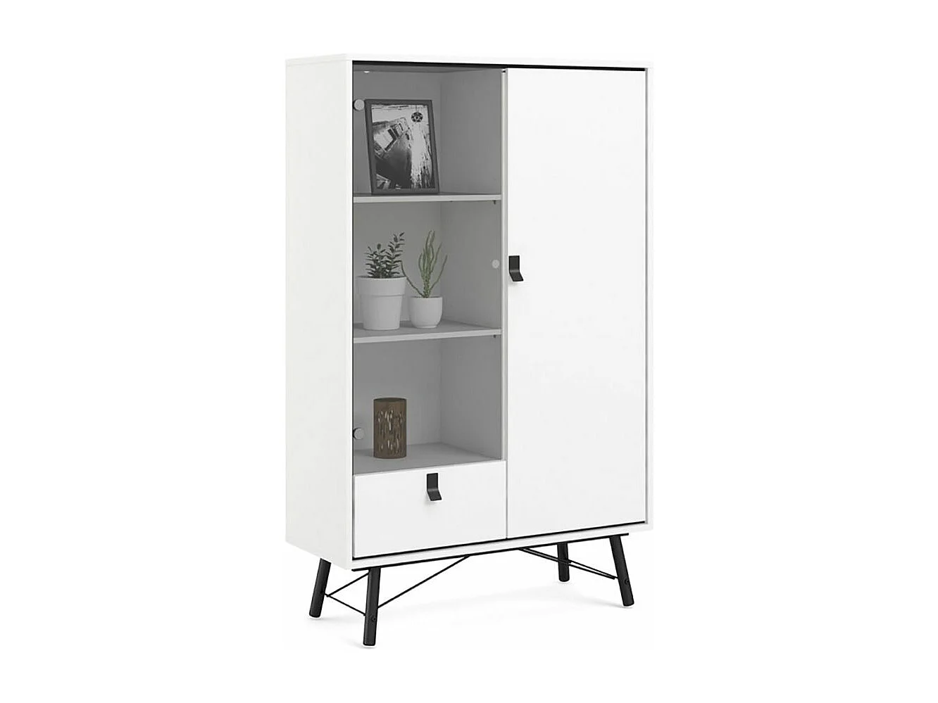 Rye Armoire vitrine, 1 porte vitrée, 1 porte, 1 tiroir, blanc mat.