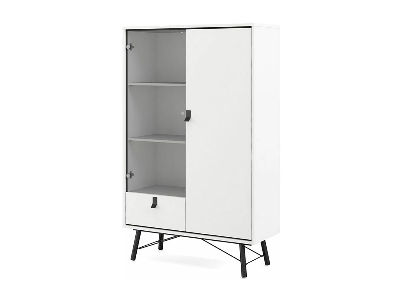Rye Armoire vitrine, 1 porte vitrée, 1 porte, 1 tiroir, blanc mat.